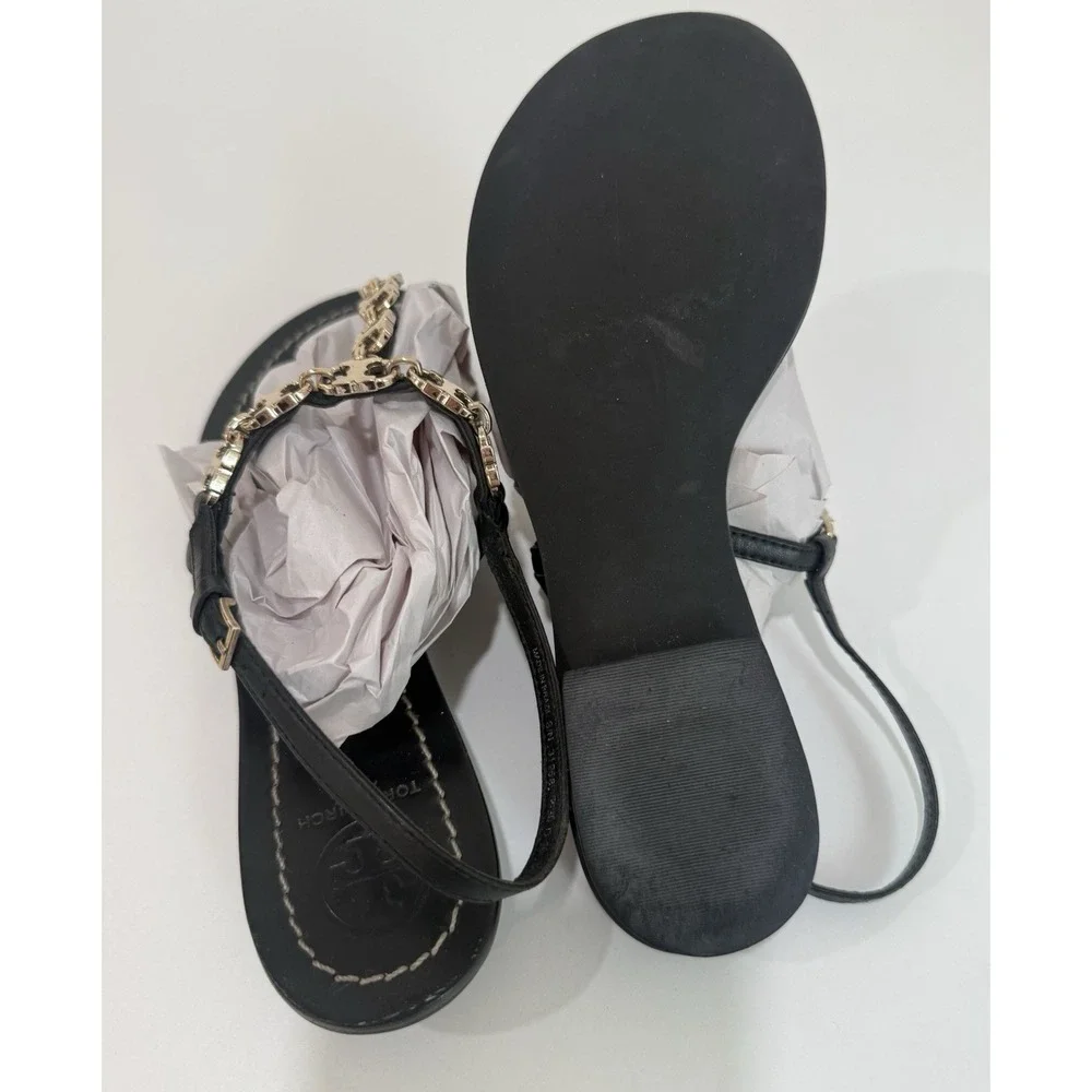 Tory Burch Gemini Black Leather Gold Chain T Link Strap Sandals Size 6.5